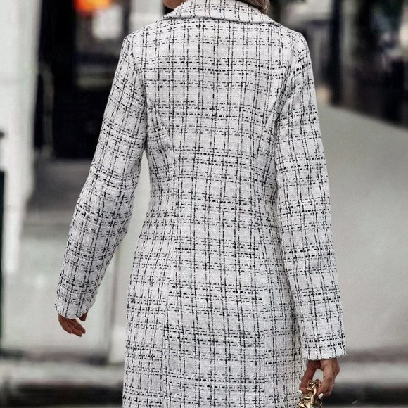 White Preppy Womens Plaid Pattern Double Breasted Tweed Overcoat - Picture 2 of 5